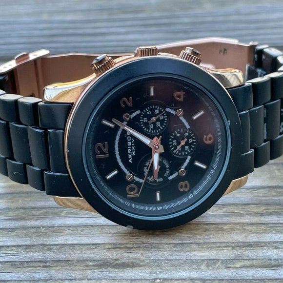 Akribos XXIV Ladies Wrist Watch Black/Gold Tone Analog Multi Function Watch - Picture 5 of 11